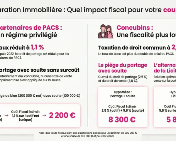 Comparaison fiscale : PACS vs concubinage pour la résidence principale. Le PACS offre un régime privilégié, notamment pour le partage avec soulte.