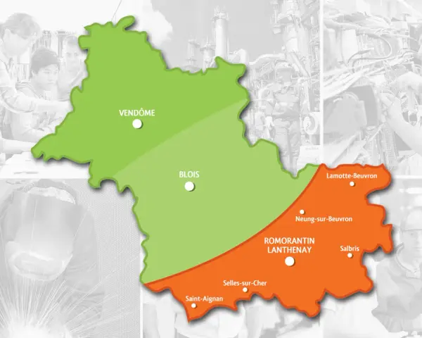 Carte du Loir-et-Cher, avec les villes de Vendôme, Blois, Romorantin-Lanthenay, Selles-sur-Cher, Saint-Aignan, Lamotte-Beuvron, Neung-sur-Beuvron et Salbris.