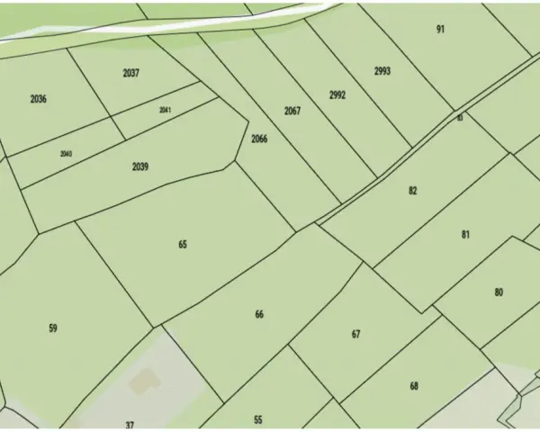 Plan cadastral de Ploërmel montrant des parcelles numérotées comme 2036, 2037, 2039, 2040, 2041, 2066, 2067, 2259, 60, 59, 65, 66, 67, 68, 80, 81, 82, 91, 93, 94, 96, 2753, 2992, 2993, 2 et 37.