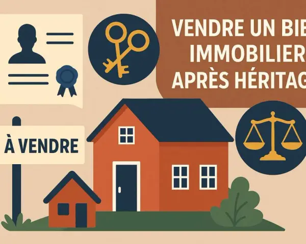 Vente d'un bien immobilier après une succession sans héritier. Icônes : personne, clés, balance de justice. Maison à vendre.