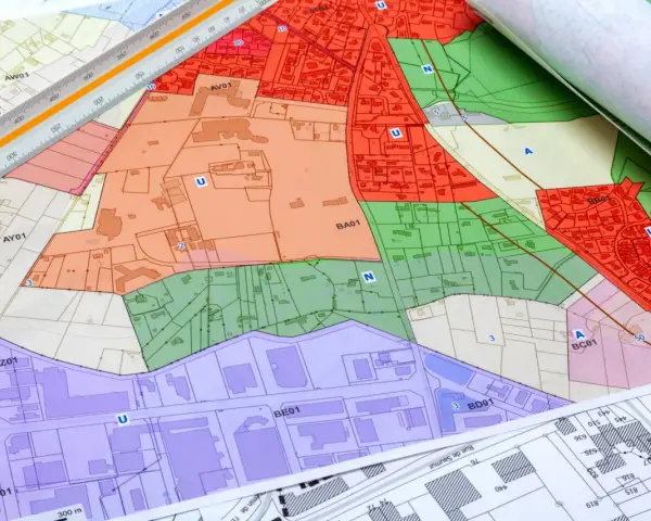 Plans colorés du cadastre de Libourne, avec une règle graduée. Zones résidentielles, industrielles et vertes délimitées.