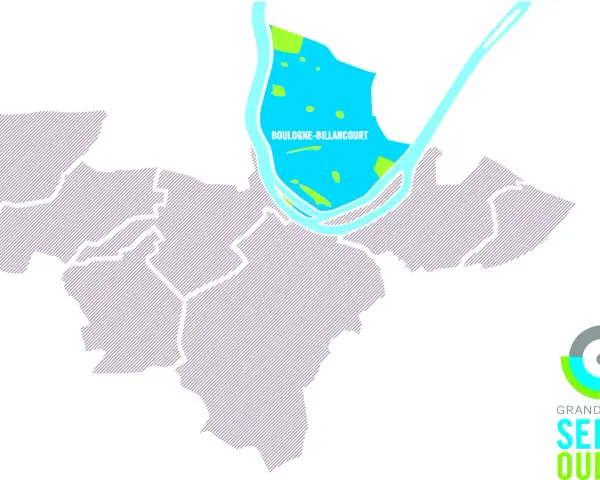 Carte de la Seine Ouest, mettant en évidence la zone de Boulogne-Billancourt avec des espaces verts et bleus.