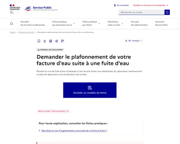 Modèle de lettre pour demander le plafonnement de votre facture d'eau suite à une fuite. Aide pour comment facturer l'eau au locataire.