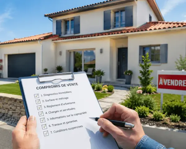 Un notaire vérifie un compromis de vente, incluant le règlement d'urbanisme, devant une maison à vendre.