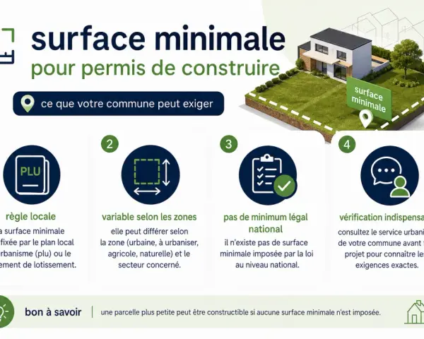 Surface minimale pour construire une maison : règles locales, zones variables, pas de minimum national, vérification en mairie.