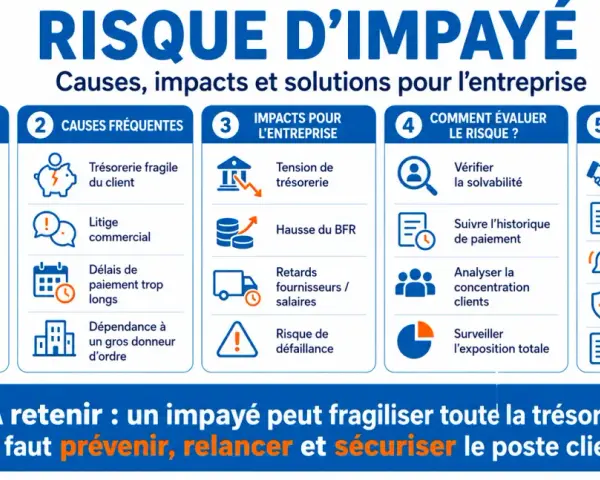 Infographie sur le risque d'impayé : causes, impacts, évaluation et protection. La **théorie des impenses** est ici illustrée par les conséquences d'une facture non réglée.