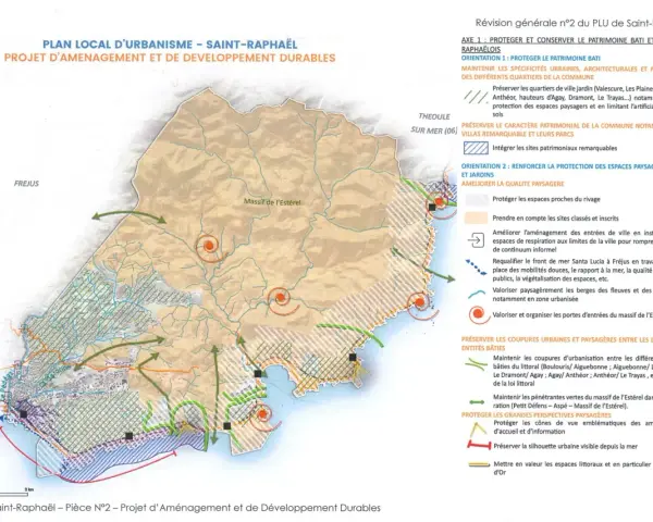 Plan local d'urbanisme de Saint-Raphaël, projet d'aménagement et de développement durables. Carte montrant le massif de l'Estérel et le littoral.