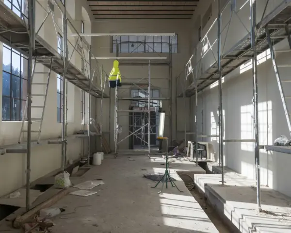 Chantier intérieur avec échafaudages, un gilet jaune suspendu, des matériaux de construction et des ouvertures. Un **daact non conforme** pourrait être la raison de cette scène.