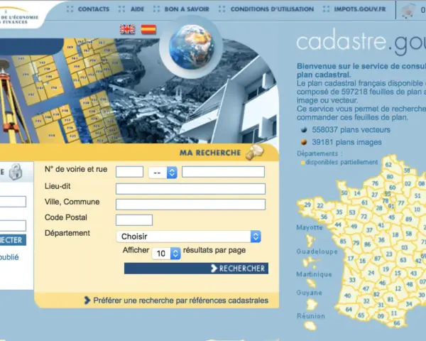 Le site cadastre.gouv.fr propose un plan cadastral vitré interactif pour rechercher, consulter et commander des feuilles de plan.