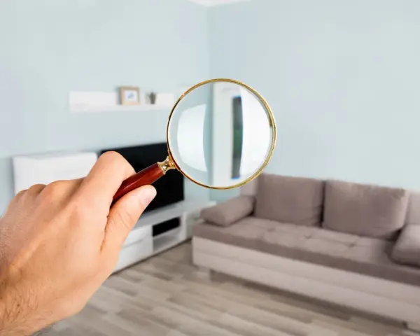 Une loupe examine un salon moderne. On voit un canapé beige, une étagère murale et une télévision. Le mur est bleu pâle, et le parquet est clair. Le plu bordeaux est peut-être caché quelque part.