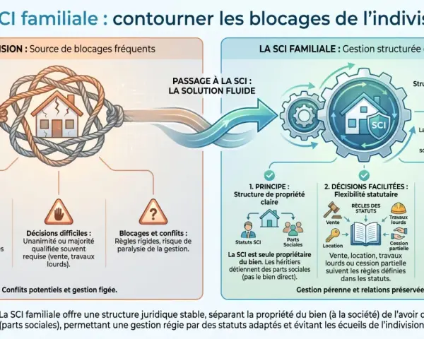 Schéma expliquant comment la SCI familiale évite les blocages de l'indivision, offrant une gestion structurée et apaisée.