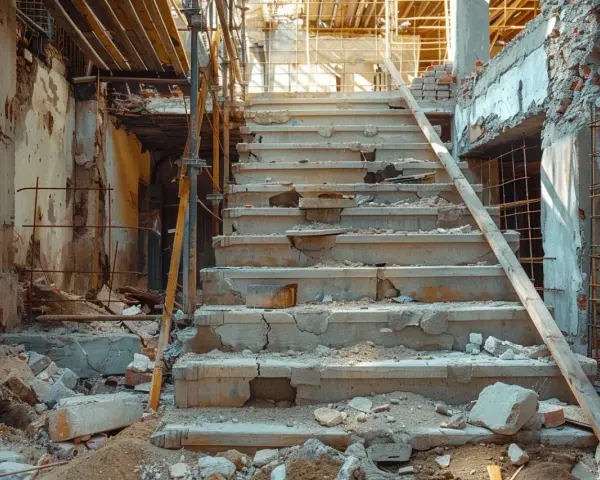 Escalier en béton délabré, entouré de débris et d'échafaudages. Un chantier qui ressemble à une construction illégale, abandonnée.