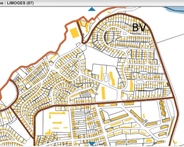 Plan cadastral de Limoges, montrant des parcelles résidentielles et des voies. Le cadastre de Montargis n'est pas visible ici.