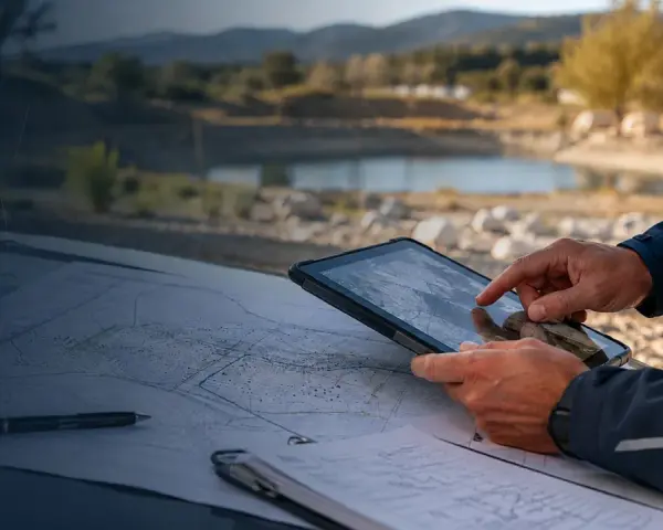 Un homme consulte une tablette et une carte sur le capot d'une voiture, avec un paysage de campagne et un étang en arrière-plan, rappelant une exploration près de **Plu Aix-en-Provence**.