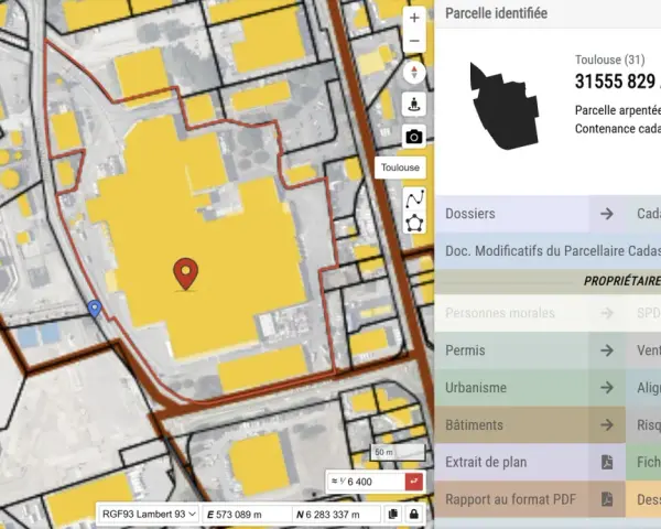 Carte du cadastre montrant des parcelles industrielles à Toulouse. Une parcelle spécifique est mise en évidence avec ses informations.