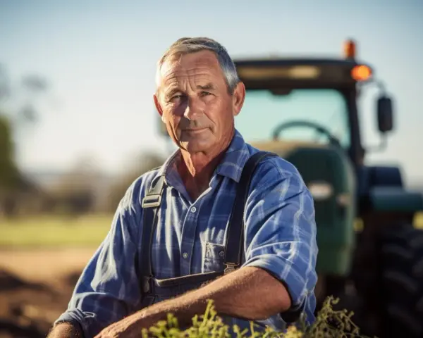 Un fermier expérimenté, son visage marqué par le soleil, pense à son **salaire différé et indivision** tout en regardant vers l'avenir, un tracteur en arrière-plan.
