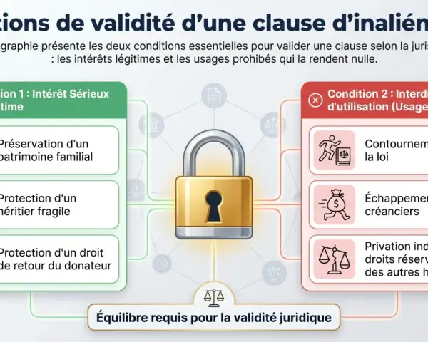 Infographie sur les conditions de validité d'une clause d'inaliénabilité : intérêt légitime (préservation patrimoine, protection héritier fragile, droit de retour) vs. interdictions (contournement loi, échappement créanciers, atteinte droits réservatai...
