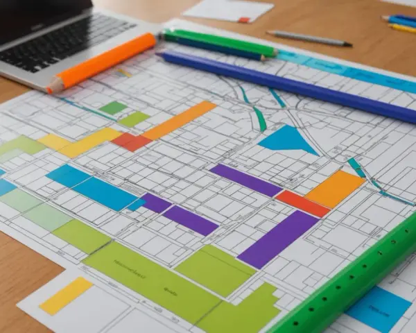 Un plan de ville coloré, avec des crayons et un ordinateur portable. On dirait que quelqu'un prépare une **plu lahonce** pour un projet d'urbanisme.