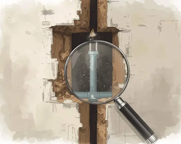 Une loupe révèle un tuyau endommagé dans un mur, illustrant un cas de prescription vice caché.