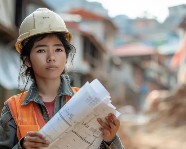 Jeune femme en casque et gilet orange, plans à la main, prête à prouver la construction de plus de 10 ans.