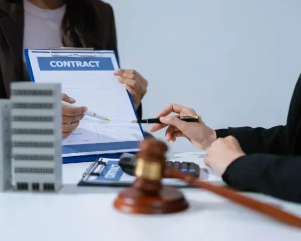 Deux mains signent un contrat immobilier, évoquant le droit de rétractation. Une maquette d'immeuble est visible.