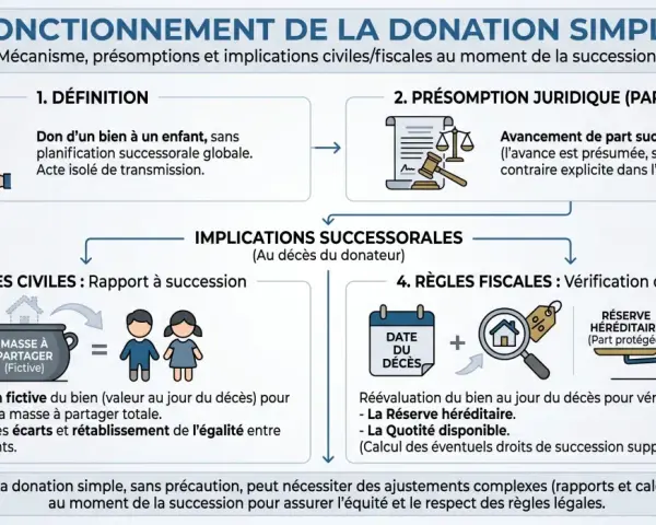 Schéma expliquant la donation simple. Il détaille la définition, la présomption juridique, les règles civiles (rapport à succession) et fiscales. Un rapport donation somme d'argent est nécessaire.