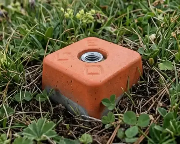 Un piquet de bornage orange, en partie enterré dans l'herbe et les petites fleurs sauvages, marque une limite discrète dans la nature.