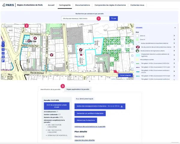 Carte de Paris affichant des informations d'urbanisme, avec une légende détaillée pour l'annexe environnementale.