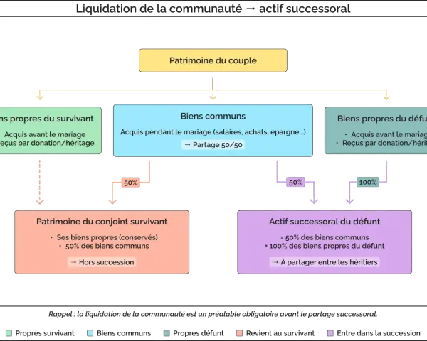Schéma expliquant la liquidation de la communauté et l'actif successoral. Il détaille la répartition des biens propres et communs pour un partage successoral.