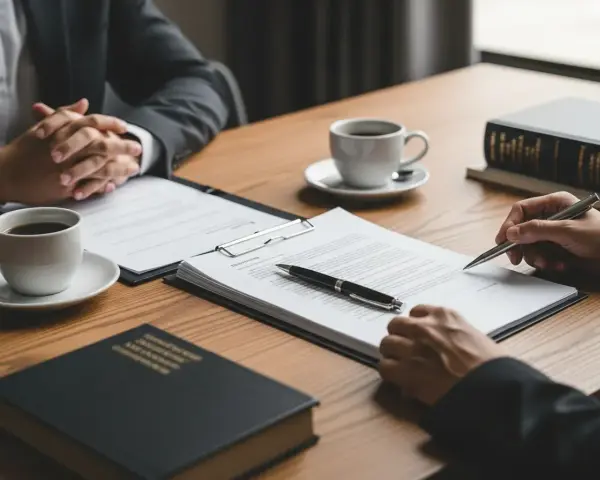 Signature sur un document, peut-être un refus de liquidation de communauté. Deux personnes en costume, café et livres de droit sur la table.