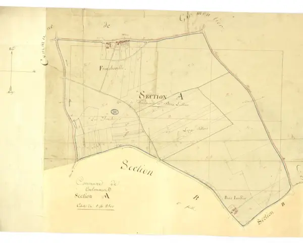 Plan ancien du cadastre de Coulommiers, section A, montrant les parcelles de Francheville et Bois Lallier.