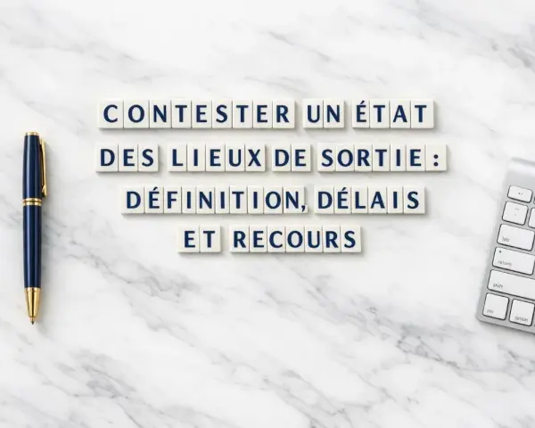 Contester un état des lieux de sortie : définition, délais et recours. Stylo et clavier sur fond marbre.