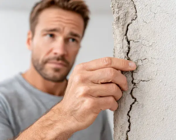 Homme inquiet examinant une fissure sur un mur, évoquant un manquement au devoir de conseil de l'agent immobilier.