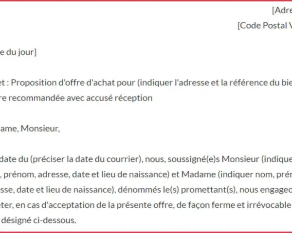 Extrait d'une lettre d'intention d'achat pour un bien immobilier, avec objet et détails des parties.