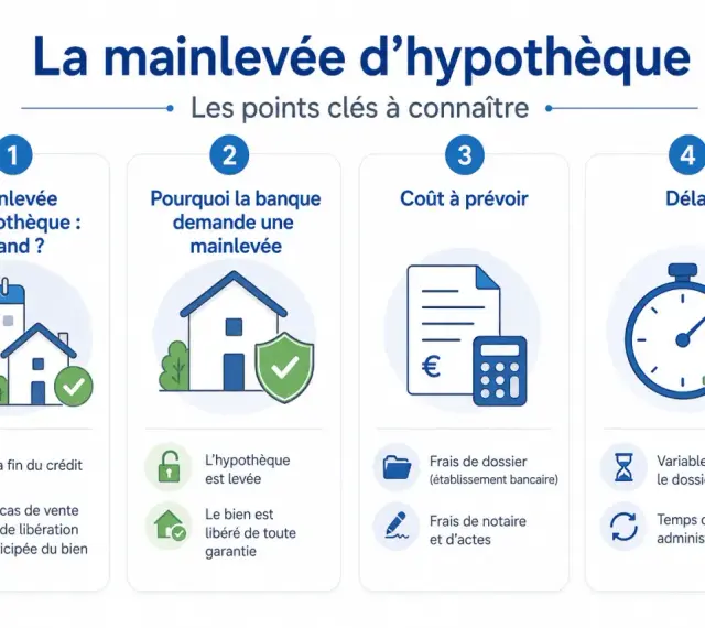Infographie expliquant la mainlevée d'hypothèque : quand, pourquoi, coût et délai.