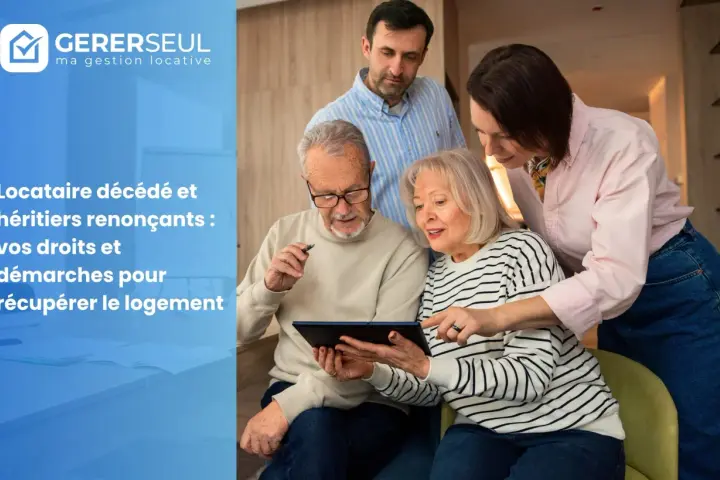 Famille discutant du transfert de bail suite au décès du locataire. Ils consultent des informations sur une tablette.