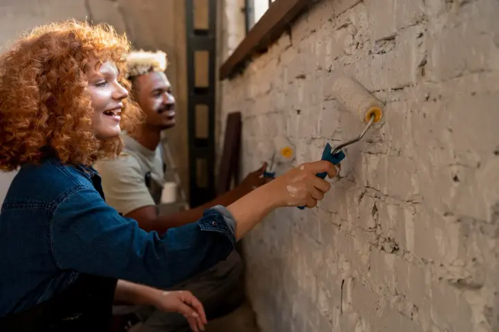 Un couple peint un mur en brique, résolvant un désaccord sur les travaux en indivision avec bonne humeur.