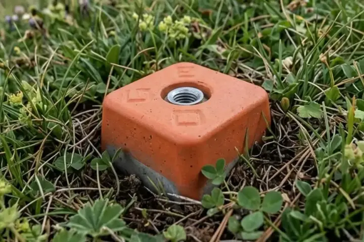 Un piquet de bornage orange, en partie enterré dans l'herbe et les petites fleurs sauvages, marque une limite discrète dans la nature.