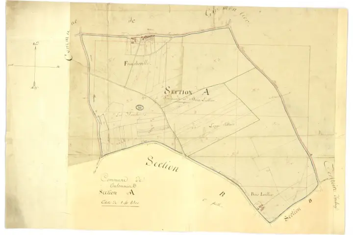 Plan ancien du cadastre de Coulommiers, section A, montrant les parcelles de Francheville et Bois Lallier.