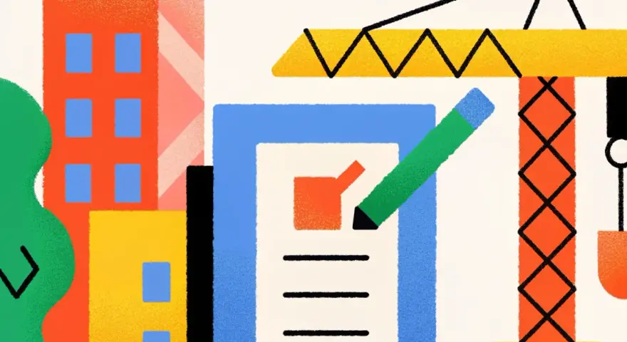 Illustration d'un permis de construire et changement de PLU : grue, immeubles colorés, et un document avec un crayon vert.