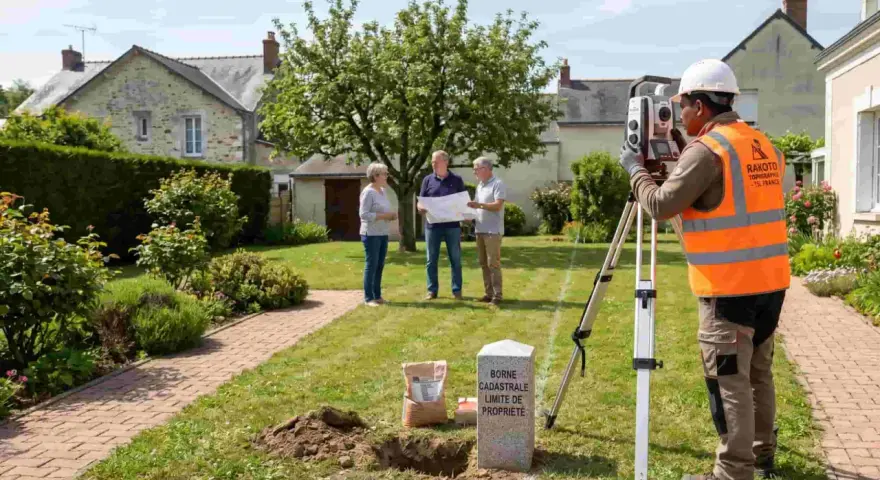 Un géomètre utilise un théodolite pour un plan de bornage. Une borne cadastrale marque la limite de propriété.