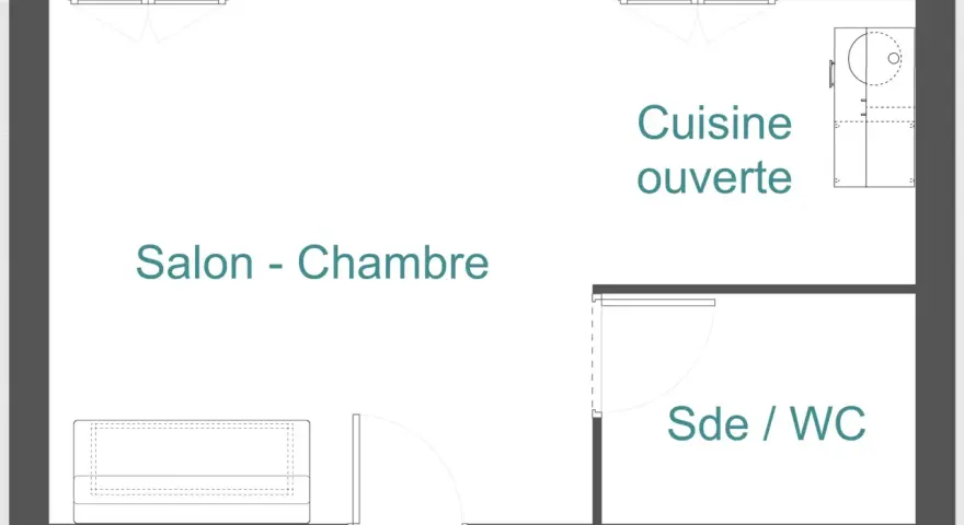 Plan d'un appartement T1 bis : salon-chambre, cuisine ouverte, salle d'eau/WC. Idéal pour un jeune couple ou un étudiant.