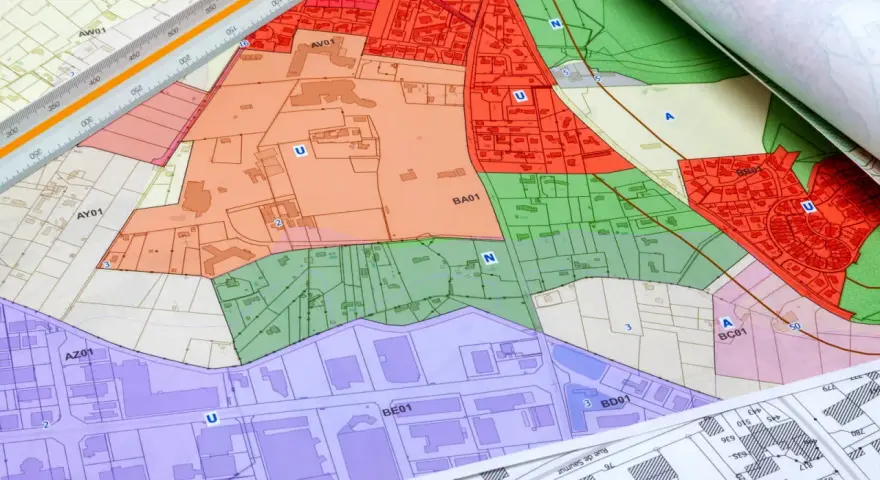 Plans cadastraux colorés, avec des zones délimitées par des couleurs vives. Un plan de cadastre fougères est visible, avec une règle graduée posée dessus.