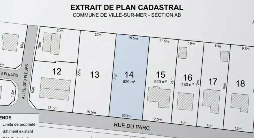 Extrait du cadastre de Yvetot, montrant des parcelles numérotées 12 à 18, avec leurs dimensions et la présence de bâtiments.