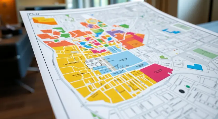 Carte PLU colorée, montrant la différence entre les zones. On y voit des rues et des bâtiments, avec des couleurs vives pour distinguer les zones.