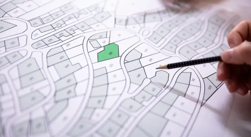 Plan cadastral de Privas, avec une parcelle verte mise en évidence. Des mains tiennent des crayons, prêtes à annoter.