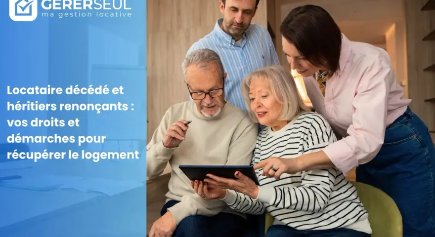 Famille discutant du transfert de bail suite au décès du locataire. Ils consultent des informations sur une tablette.