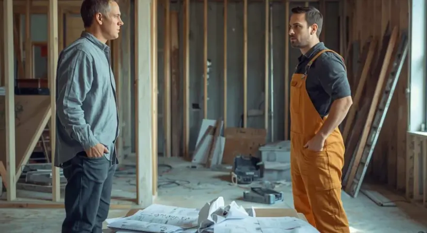 Deux hommes discutent sur un chantier. L'un semble vouloir se faire rembourser des travaux faits pendant vie commune.