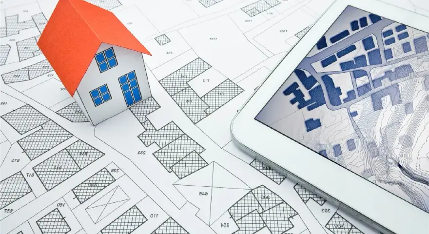 Maquette de maison sur un plan cadastral, avec une tablette affichant une carte numérique. Idéal pour un projet immobilier à plu Ajaccio.