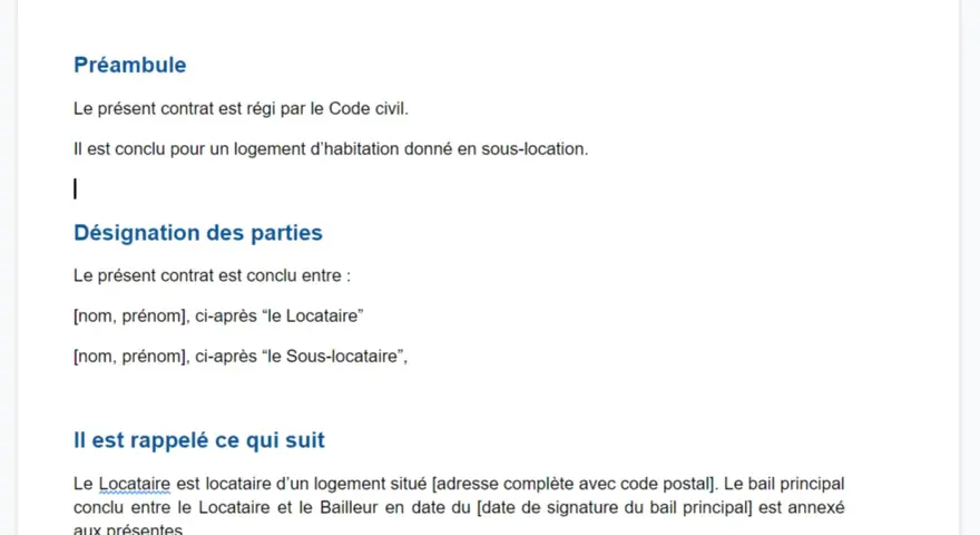 Contrat de sous-location d'un logement. Ce document détaille les termes pour sous louer son appartement, définissant les parties et les conditions.